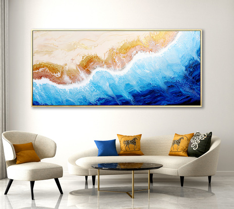 ABSTRACT painting that gives the impression of soothing ocean waves lapping in to soft sandy beach with slow easy waves creating crests of whie..  The intricate mosaic pattern within the tonal blue hues and the glimmering metallics adds added interest and intrigue.
The closer you get to the painting the more of the interesting details and patterns you can see. Metallics add an extra depth because the painting changes personality when one views from different angles.
although it is an impressionistic abstract, it still has a sense of motion of waves moving and frothing white