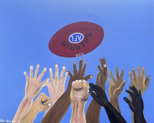 This is a painting showing arms and hands reaching out to catch a ball in Australian Rule Football game.
It shows the diverse races playing the game with the common aim of playing and winning for their team.