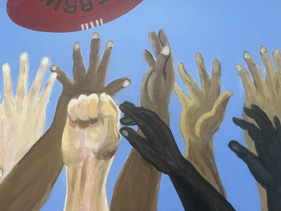 This is a painting showing arms and hands reaching out to catch a ball in Australian Rule Football game.
It shows the diverse races playing the game with the common aim of playing and winning for their team.