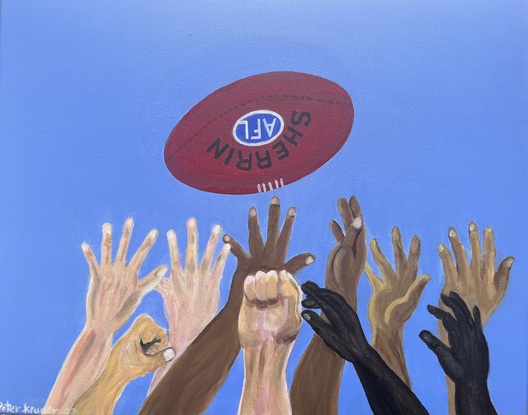 This is a painting showing arms and hands reaching out to catch a ball in Australian Rule Football game.
It shows the diverse races playing the game with the common aim of playing and winning for their team.