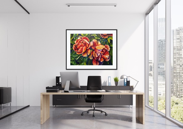 Colourful red, orange and peach summer peonies on background greenery.