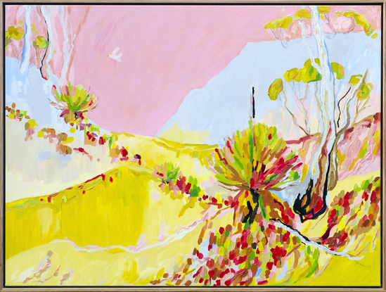 A yellow hillside with emergent trees and grasstrees and a pink sky. 