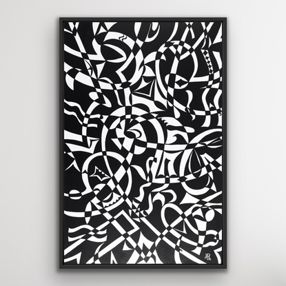 Mid-century contemporary artwork in cradled wood, black and white, ideal for gathering spaces and meditative settings. Framed in a matte black, floating box oak frame. 