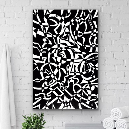 Mid-century contemporary artwork in cradled wood, black and white, ideal for gathering spaces and meditative settings. Framed in a matte black, floating box oak frame. 