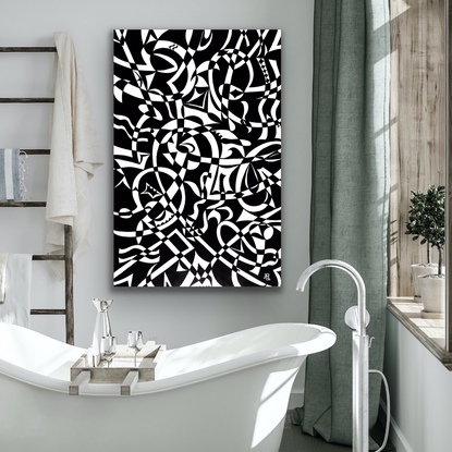 Mid-century contemporary artwork in cradled wood, black and white, ideal for gathering spaces and meditative settings. Framed in a matte black, floating box oak frame. 