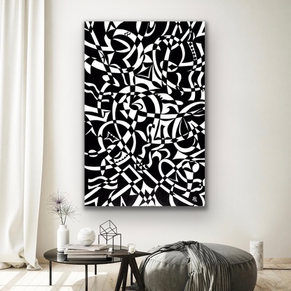 Mid-century contemporary artwork in cradled wood, black and white, ideal for gathering spaces and meditative settings. Framed in a matte black, floating box oak frame. 