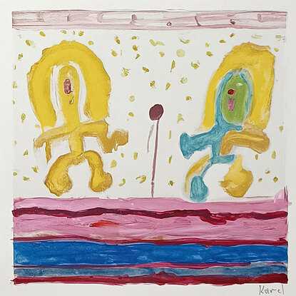 small expressionist painting of Maria and her friend dancing and singing on a stage.