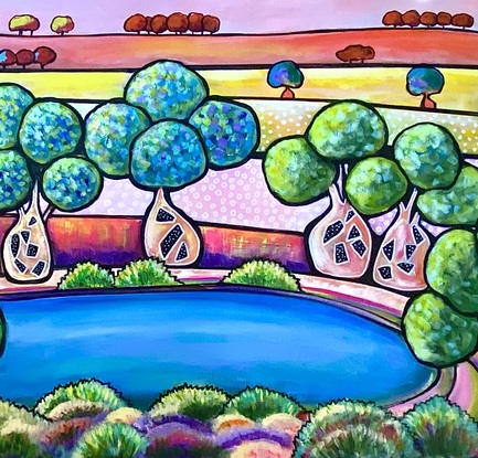 An outback, vibrant,  bottle trees beside water landscape.