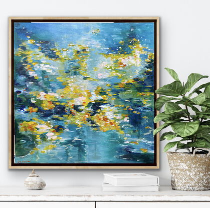 Soft dreamy blues and dashes of yellow and orange abstract flowers that dance over the water on this canvas to create a dreamy watery world. You can feel the power of nature through the colour and the brushstrokes that tell a story of a colourful water garden spilling over with life and vibrancy. 