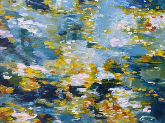 Soft dreamy blues and dashes of yellow and orange abstract flowers that dance over the water on this canvas to create a dreamy watery world. You can feel the power of nature through the colour and the brushstrokes that tell a story of a colourful water garden spilling over with life and vibrancy. 