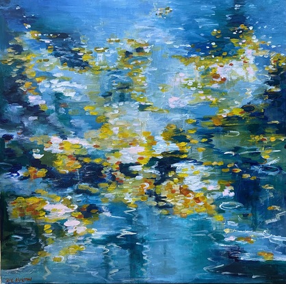 Soft dreamy blues and dashes of yellow and orange abstract flowers that dance over the water on this canvas to create a dreamy watery world. You can feel the power of nature through the colour and the brushstrokes that tell a story of a colourful water garden spilling over with life and vibrancy. 