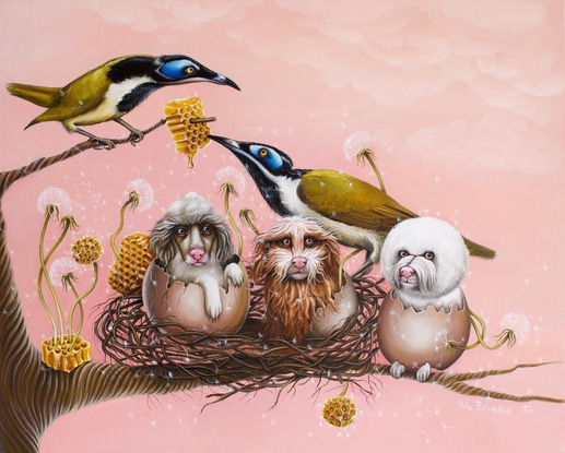 Dogs and Australian birds in the nest