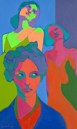 Three ladies. One in the foreground an two behind. Very bright colours including fluoro green.