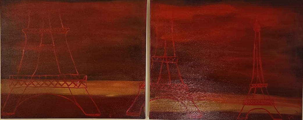 Three red coloured impressions of the Eiffel Tower,  on two canvasses, in close middle and far distance on a deep redish to very dark background with a yellow ochre strip highlight.