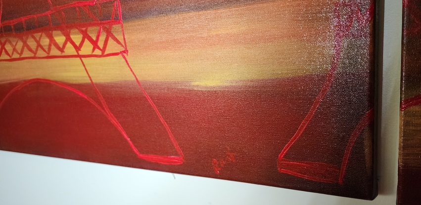 Three red coloured impressions of the Eiffel Tower,  on two canvasses, in close middle and far distance on a deep redish to very dark background with a yellow ochre strip highlight.