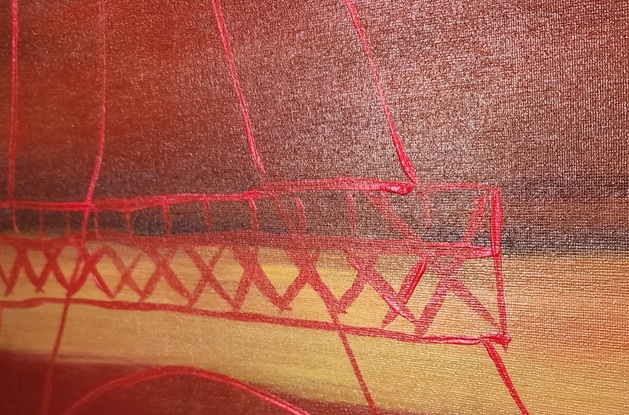 Three red coloured impressions of the Eiffel Tower,  on two canvasses, in close middle and far distance on a deep redish to very dark background with a yellow ochre strip highlight.