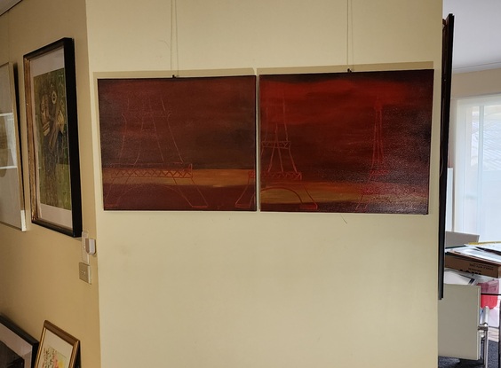 Three red coloured impressions of the Eiffel Tower,  on two canvasses, in close middle and far distance on a deep redish to very dark background with a yellow ochre strip highlight.