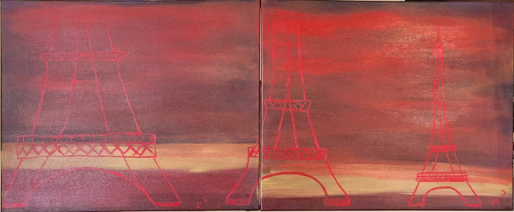 Three red coloured impressions of the Eiffel Tower,  on two canvasses, in close middle and far distance on a deep redish to very dark background with a yellow ochre strip highlight.