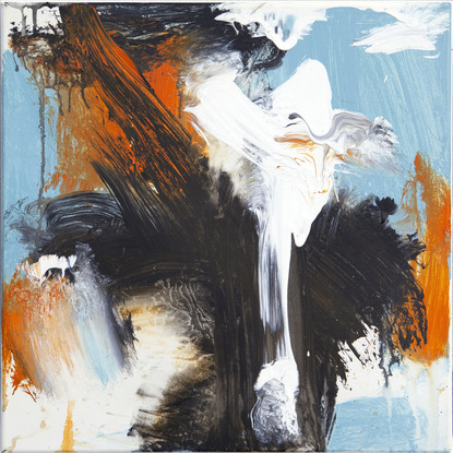 Black, white and orange abstract over Australian Blue Gum