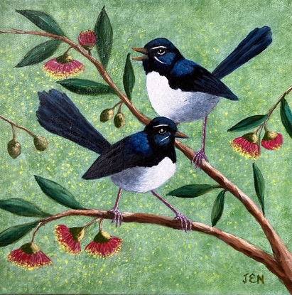 Two beautiful Willy Wagtails sitting on a eucalyptus tree with red and yellow gum blossoms. The background is a pale green speckled colour, with specks of yellow blossom sifting through the air.  The two birds appear to be in conversation.