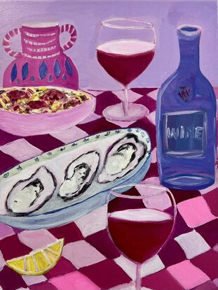 
In this painting: There is a glass of Wine, a plate of oysters, grilled fish, pickles ,lemons, tomatoes, flowers, tablecloth,pink vase,knives and forks and a tea towel with a sun on it.