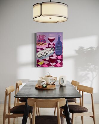 
In this painting: There is a glass of Wine, a plate of oysters, grilled fish, pickles ,lemons, tomatoes, flowers, tablecloth,pink vase,knives and forks and a tea towel with a sun on it.