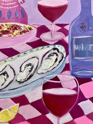 
In this painting: There is a glass of Wine, a plate of oysters, grilled fish, pickles ,lemons, tomatoes, flowers, tablecloth,pink vase,knives and forks and a tea towel with a sun on it.