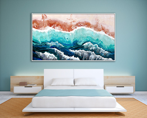 ABSTRACT painting that gives the impression of soothing ocean waves lapping in to soft sandy beach with slow easy waves creating crests of white..  The intricate mosaic pattern within the tonal blue hues and tones of teal and the glimmering metallics adds added interest and intrigue.
The closer you get to the painting the more of the interesting details and patterns you can see. Metallics add an extra depth because the painting changes personality when one views from different angles.
although it is an impressionistic abstract, it still has a sense of motion of waves moving and frothing white