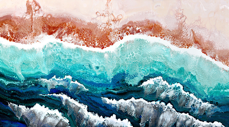 ABSTRACT painting that gives the impression of soothing ocean waves lapping in to soft sandy beach with slow easy waves creating crests of white..  The intricate mosaic pattern within the tonal blue hues and tones of teal and the glimmering metallics adds added interest and intrigue.
The closer you get to the painting the more of the interesting details and patterns you can see. Metallics add an extra depth because the painting changes personality when one views from different angles.
although it is an impressionistic abstract, it still has a sense of motion of waves moving and frothing white