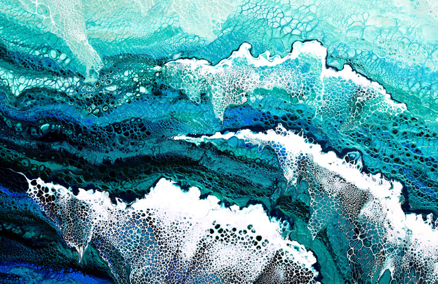 ABSTRACT painting that gives the impression of soothing ocean waves lapping in to soft sandy beach with slow easy waves creating crests of white..  The intricate mosaic pattern within the tonal blue hues and tones of teal and the glimmering metallics adds added interest and intrigue.
The closer you get to the painting the more of the interesting details and patterns you can see. Metallics add an extra depth because the painting changes personality when one views from different angles.
although it is an impressionistic abstract, it still has a sense of motion of waves moving and frothing white