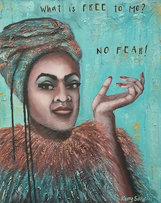 Bold coloured and textural portrait of Zaachariaha Fielding from Electric Fields holding up his hand with the words "What is free to me? No Fear!"