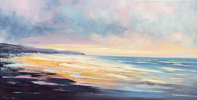 Seascape painting with orange and blue colours.