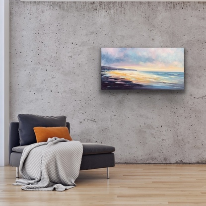 Seascape painting with orange and blue colours.