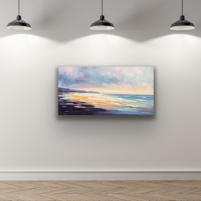 Seascape painting with orange and blue colours.