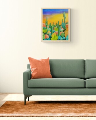 Stylised landscape art of a garden packed full of multi-coloured cacti with a rich golden sky in the background.