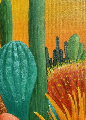 Stylised landscape art of a garden packed full of multi-coloured cacti with a rich golden sky in the background.