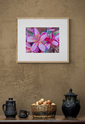 Close up of frangipani blossoms.