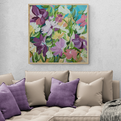 80x80cm Colourful abstract flower original painting in a garden landscape scene by South Australian artist Amber Gittins. A joyful colour palette of pinks, burgundy, warm yellows and natures greens will certainly brighten up your room.