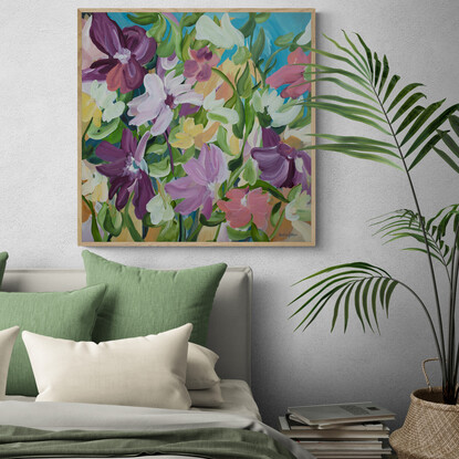 80x80cm Colourful abstract flower original painting in a garden landscape scene by South Australian artist Amber Gittins. A joyful colour palette of pinks, burgundy, warm yellows and natures greens will certainly brighten up your room.