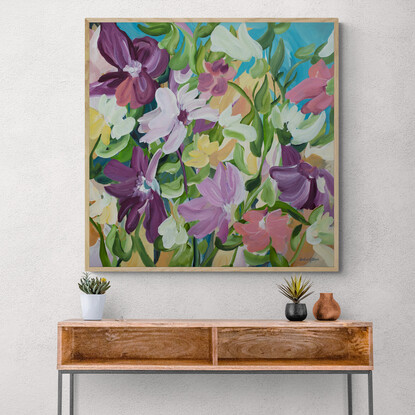 80x80cm Colourful abstract flower original painting in a garden landscape scene by South Australian artist Amber Gittins. A joyful colour palette of pinks, burgundy, warm yellows and natures greens will certainly brighten up your room.