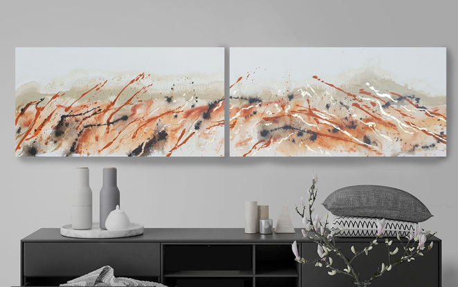 a large abstract landscape in shades of gold, brown, black, blue and white inspired by wild grass and  australian native and indigenous plants