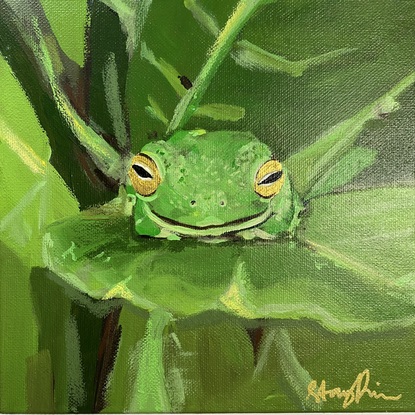 Green frog sleeping on green leaf, surrounded by more green leaves. 