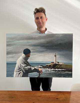 Amidst a tempestuous sea, a lone figure stands on a desolate cliff, eyes fixed on a lighthouse atop a rugged promontory. In the storm's grip, his rugged resilience meets the lighthouse's unwavering strength, encapsulating a profound moment of contemplation. The crashing waves and swirling clouds evoke the indomitable human spirit and the guiding light that persists even in life's fiercest storms.