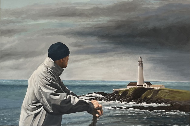 Amidst a tempestuous sea, a lone figure stands on a desolate cliff, eyes fixed on a lighthouse atop a rugged promontory. In the storm's grip, his rugged resilience meets the lighthouse's unwavering strength, encapsulating a profound moment of contemplation. The crashing waves and swirling clouds evoke the indomitable human spirit and the guiding light that persists even in life's fiercest storms.