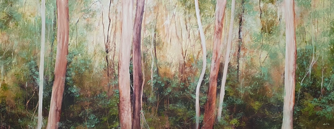 Extra large, long narrow landscape painting by Victoria Collins, showing middle-storey of a sapling forest with layers of delicate marks from very dark olive green to pale teal and apricot tones.