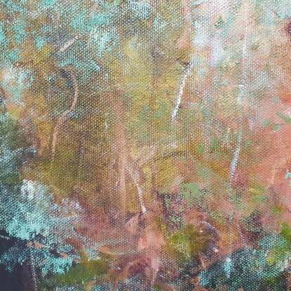 Extra large, long narrow landscape painting by Victoria Collins, showing middle-storey of a sapling forest with layers of delicate marks from very dark olive green to pale teal and apricot tones.