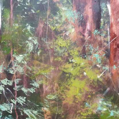 Extra large, long narrow landscape painting by Victoria Collins, showing middle-storey of a sapling forest with layers of delicate marks from very dark olive green to pale teal and apricot tones.