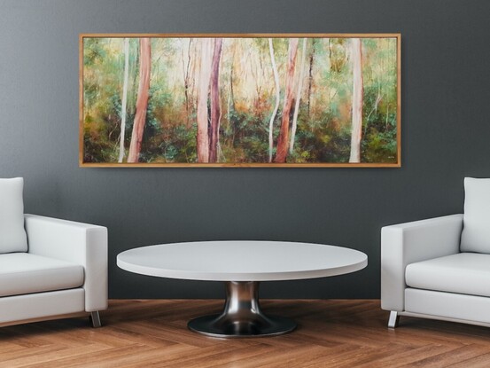 Extra large, long narrow landscape painting by Victoria Collins, showing middle-storey of a sapling forest with layers of delicate marks from very dark olive green to pale teal and apricot tones.