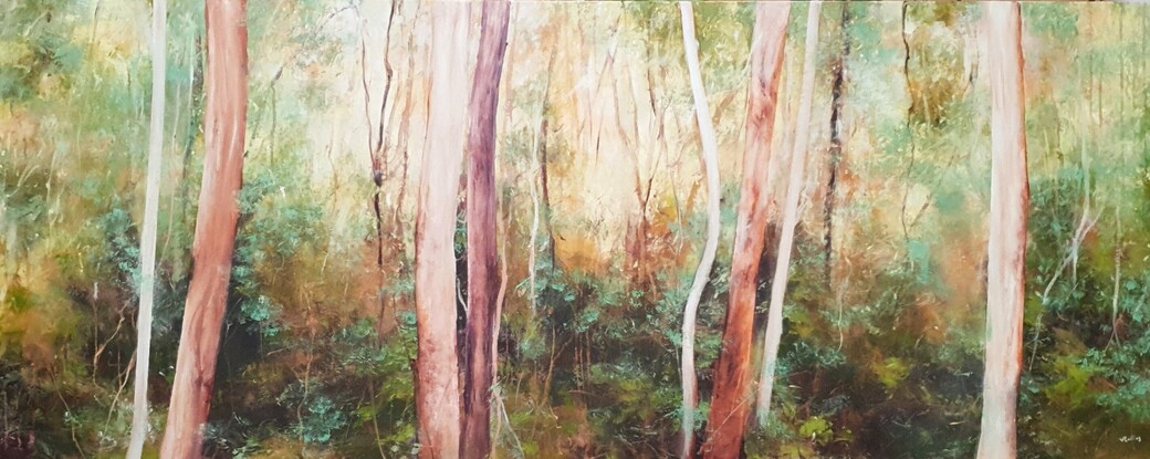 Extra large, long narrow landscape painting by Victoria Collins, showing middle-storey of a sapling forest with layers of delicate marks from very dark olive green to pale teal and apricot tones.