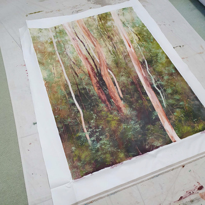 Large landscape painting by Victoria Collins, showing lush Australian sapling forest with layers of delicate marks from very dark olive green to pale teal and apricot tones.